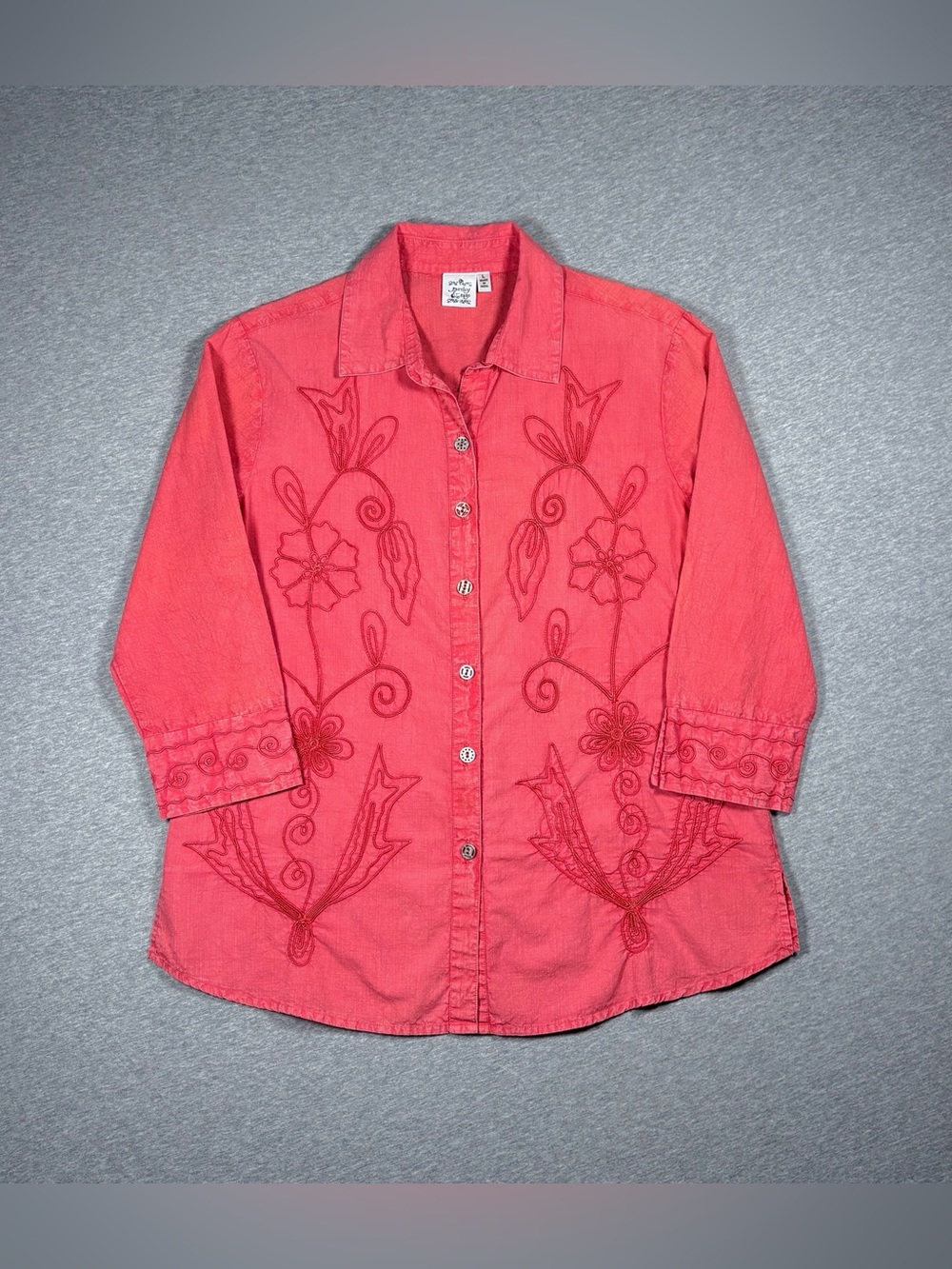 Parsley & Sage Button Up Blouse Embroidered Floral Coral Mineral Wash Size Large